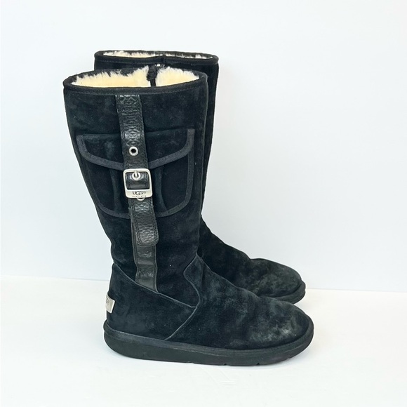 UGG 5195 Black Tall Buckle Cargo Pocket Sheepskin Boots Women's Size 8 - Picture 1 of 8